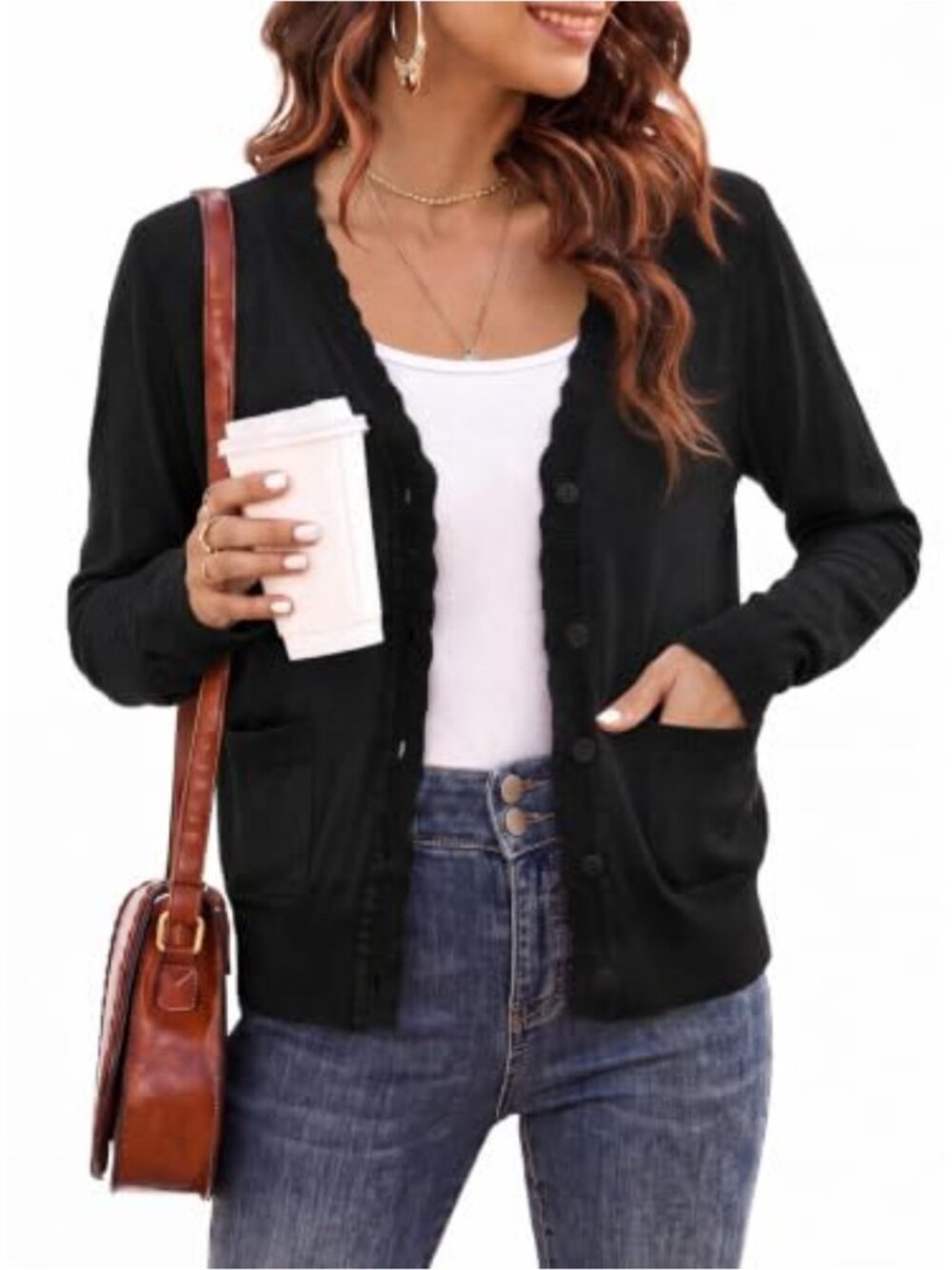 Womens V-Neck Knit Cardigan Scalloped Trim Button Front